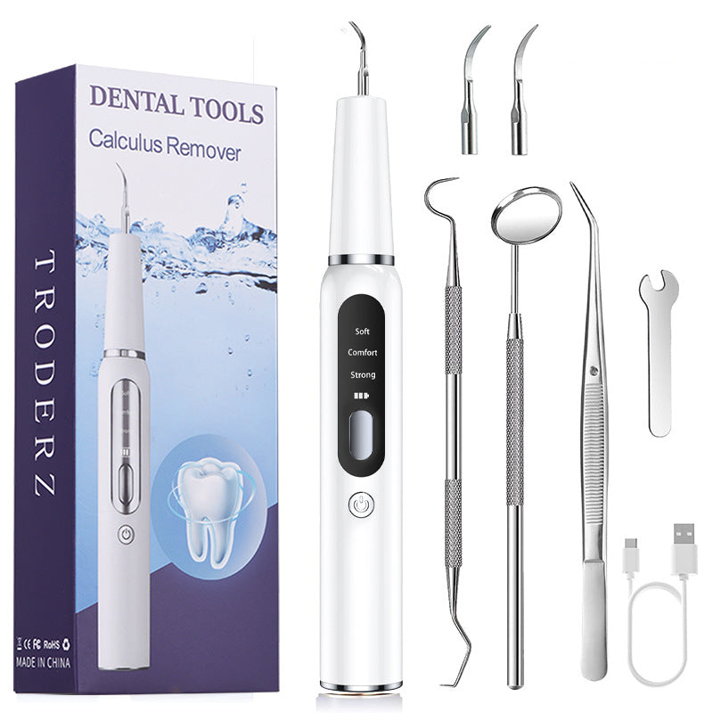White Portable Ultrasonic Dental Cleaner, Home Use Plaque Remover, Sonic Tooth Stain & Tartar Cleaning Tool