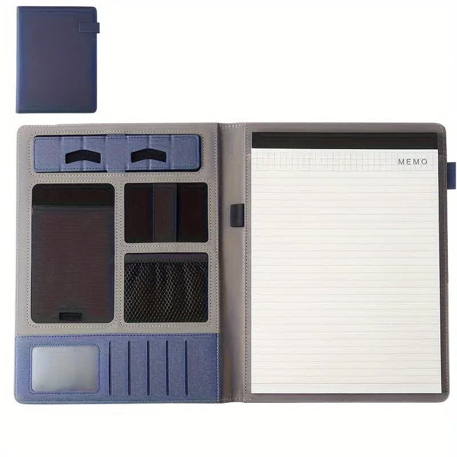 Blue A4 Leather Multi-Functional Business Document Folder with Card Slots – Contract File Organizer Hover Image