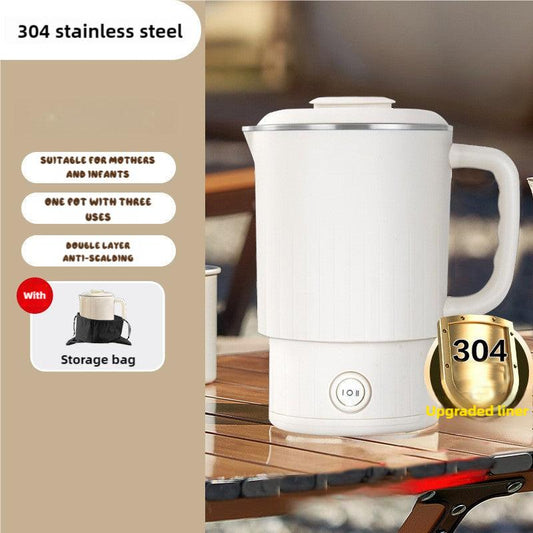 White Portable Foldable Travel Electric Kettle - 304 Stainless Steel Electric Water Boiler.