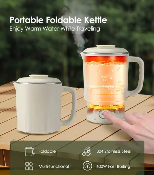 White Portable Foldable Travel Electric Kettle - 304 Stainless Steel Electric Water Boiler.