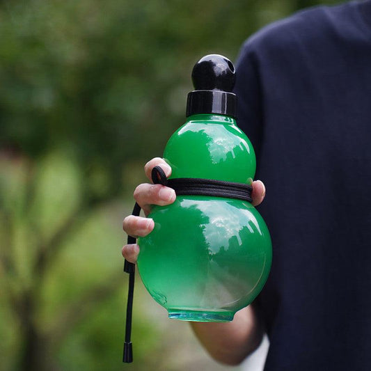 32oz Black Myth Wukong Inspired Gourd Water Plastic Green Bottle - Decorative Double-Layer Flask with Calligraphy and Accessories.