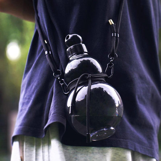 32oz Black Myth Wukong Inspired Gourd Water Plastic Green Bottle - Decorative Double-Layer Flask with Calligraphy and Accessories.
