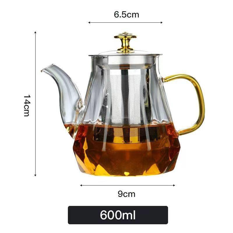 Elegant Glass Teapot with Gold Handle and Stainless Steel Infuser - 600ml Capacity.