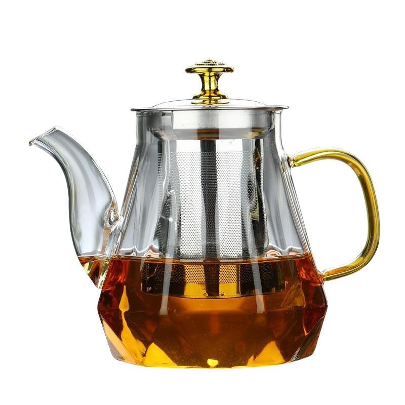 Elegant Glass Teapot with Gold Handle and Stainless Steel Infuser - 600ml Capacity.