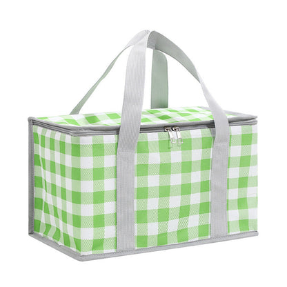 2PCS Green Insulated Picnic Lunch Bag with Checkered Design, Thermal Storage for Hot and Cold Items.