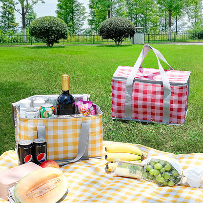 2PCS Green Insulated Picnic Lunch Bag with Checkered Design, Thermal Storage for Hot and Cold Items.
