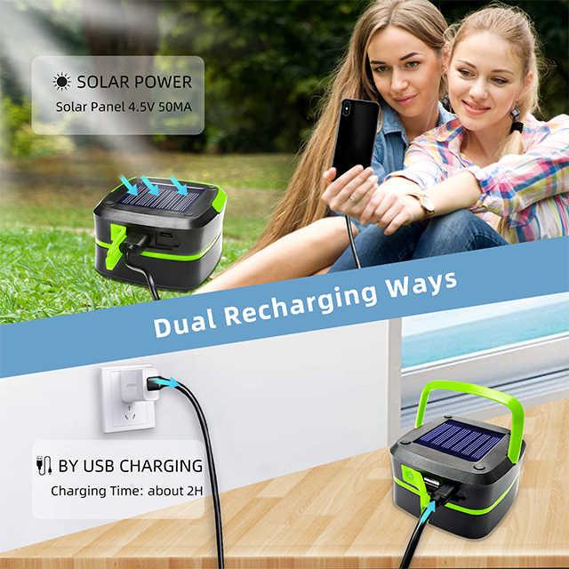 Orange Collapsible Portable Solar LED Camping Lantern with USB Charging.