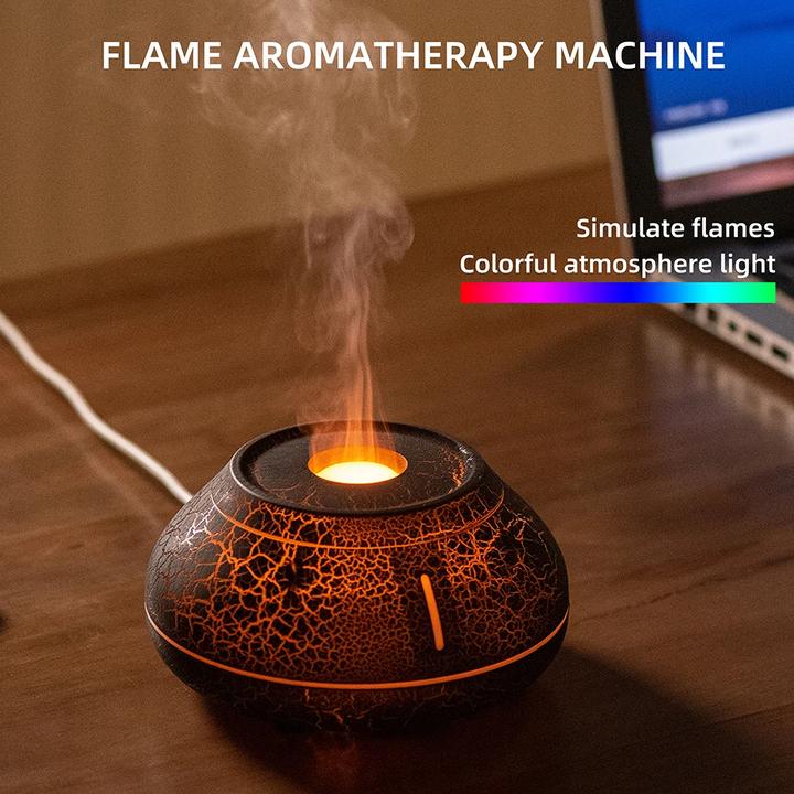 Flame Mountain Aroma Diffuser - 7-Color LED Light, 130ml Capacity, Ultrasonic Mist Maker for Home or Office, Cracked Black.