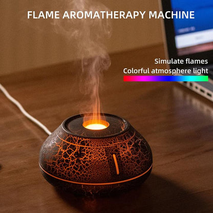 Flame Mountain Aroma Diffuser - 7-Color LED Light, 130ml Capacity, Ultrasonic Mist Maker for Home or Office, Cracked Black.