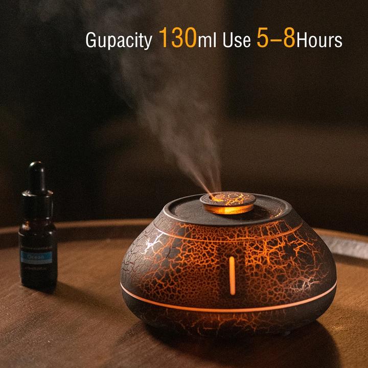 Flame Mountain Aroma Diffuser - 7-Color LED Light, 130ml Capacity, Ultrasonic Mist Maker for Home or Office, Cracked Black.