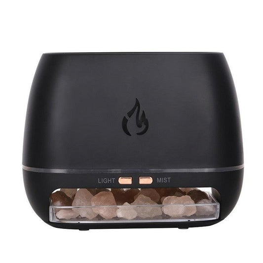 Black Himalayan Salt Flame Aroma Diffuser - 250ml Ultrasonic Humidifier with 7-Color LED Light for Relaxation and Decor.
