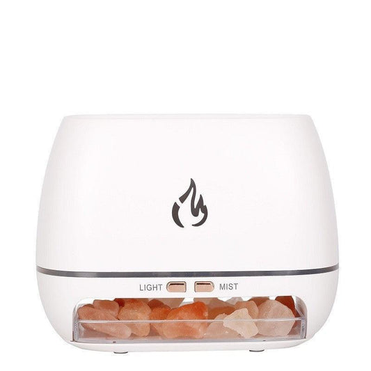 White Himalayan Salt Flame Aroma Diffuser - 250ml Ultrasonic Humidifier with 7-Color LED Light for Relaxation and Decor.