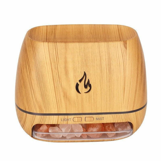Wood Grain Color Himalayan Salt Flame Aroma Diffuser - 250ml Ultrasonic Humidifier with 7-Color LED Light for Relaxation and Decor.