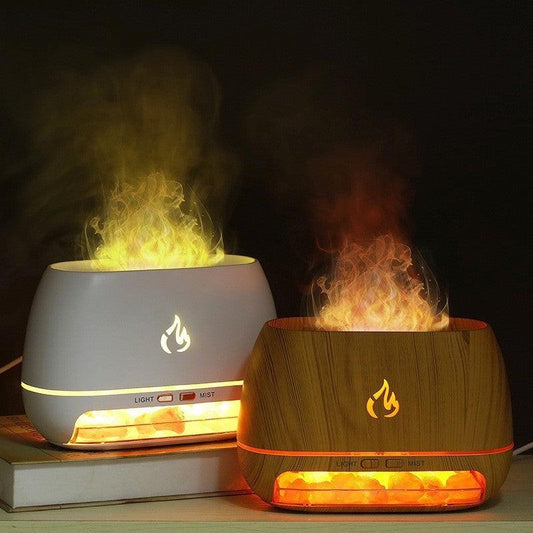 Wood Grain Color Himalayan Salt Flame Aroma Diffuser - 250ml Ultrasonic Humidifier with 7-Color LED Light for Relaxation and Decor.
