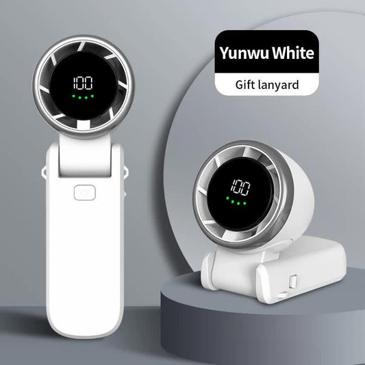 White Portable USB Rechargeable Handheld Fan with Digital Display.