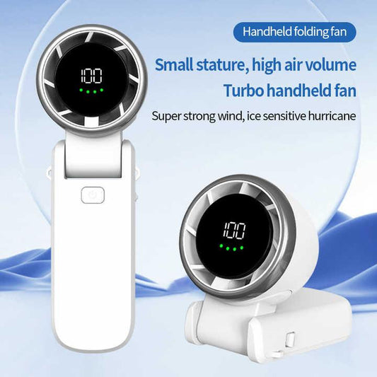 Black Portable USB Rechargeable Handheld Fan with Digital Display.