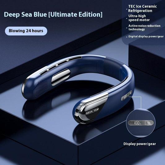 Digital Display Neck Fan - Rechargeable Portable Wearable Fan with Adjustable Speed- Blue 2400mAh.