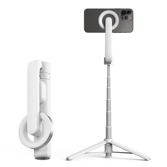 White Multifunctional Foldable Selfie Stick with Tripod Stand & Bluetooth Remote.