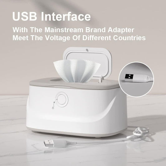 White USB-Powered Baby Wet Wipes Warmer - Portable and Adjustable Heating.