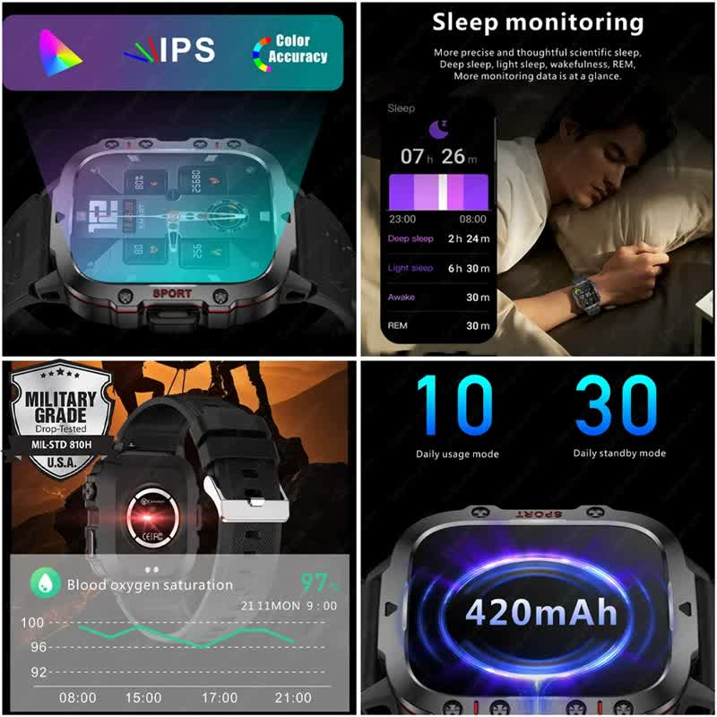 Beige Rugged Smart Fitness Watch - Waterproof, Multi-Sport Modes, and Health Tracking