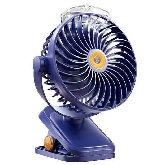 Blue Portable Clip-On Mist Fan - Rechargeable Cooling Fan with Adjustable Spray Modes.