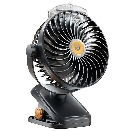 Black Portable Clip-On Mist Fan - Rechargeable Cooling Fan with Adjustable Spray Modes.