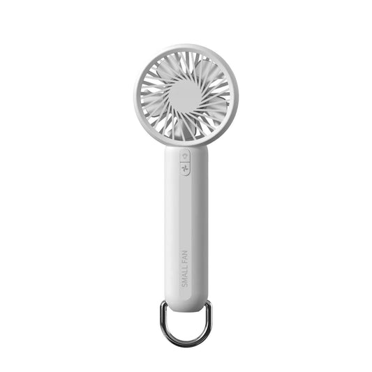 White Mini Handheld Rechargeable Fan - Portable USB-Powered Cooling with Keyring.