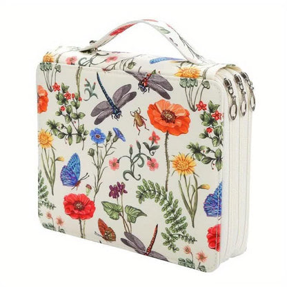 White Floral Design Portable Zippered Pencil Case - 3-Layer Large Capacity Organizer for Stationery & Art Supplies.