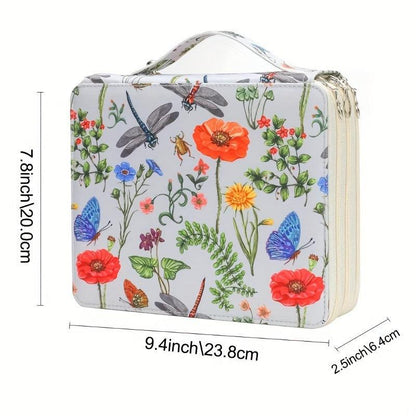 White Floral Design Portable Zippered Pencil Case - 3-Layer Large Capacity Organizer for Stationery & Art Supplies.
