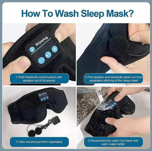 Black Bluetooth 5.0 Wireless Sleep Eye Mask - Soft Plush Eye Cover with Built-in Speakers (13 x 16.5 x 6 cm).
