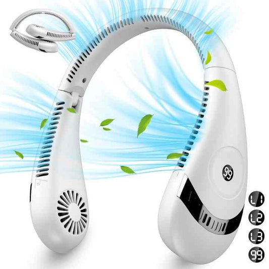 White Rechargeable 5000mAh Portable Neck Fan with 3-Speed Settings.