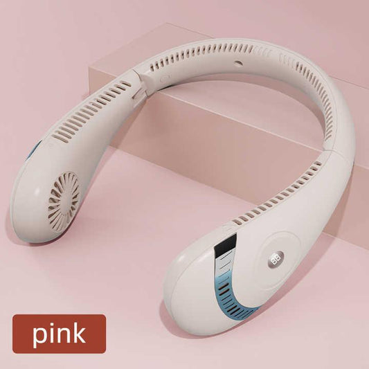 Pink Rechargeable 5000mAh Portable Neck Fan with 3-Speed Settings.