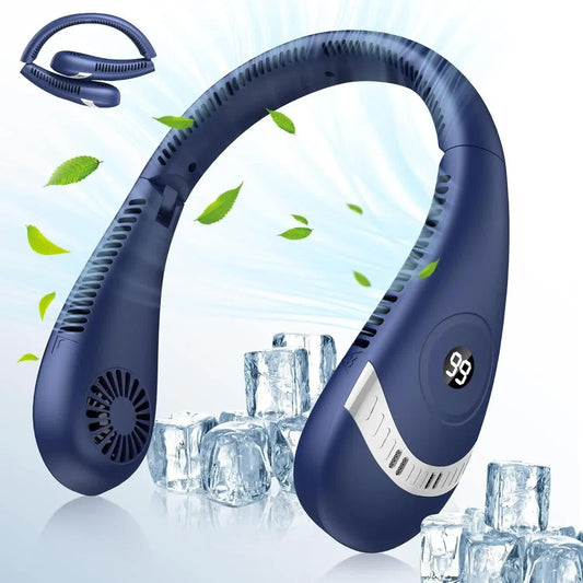 Dark Blue Rechargeable 5000mAh Portable Neck Fan with 3-Speed Settings.