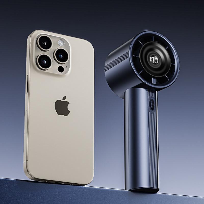 White High-Power Portable Handheld Fan with Digital Display.
