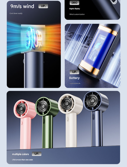 White High-Power Portable Handheld Fan with Digital Display.