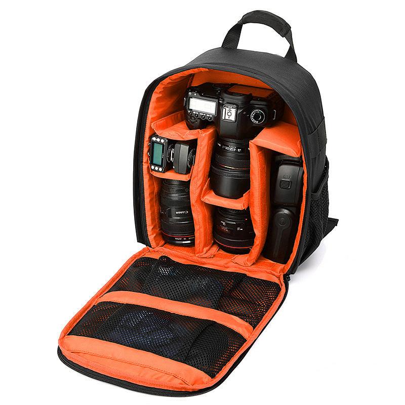 Orange Lining Water-Resistant DSLR Camera Backpack with Tripod Holder, Lightweight and Spacious Photography Bag for Outdoor Use(Camera and accessories are props, not included).