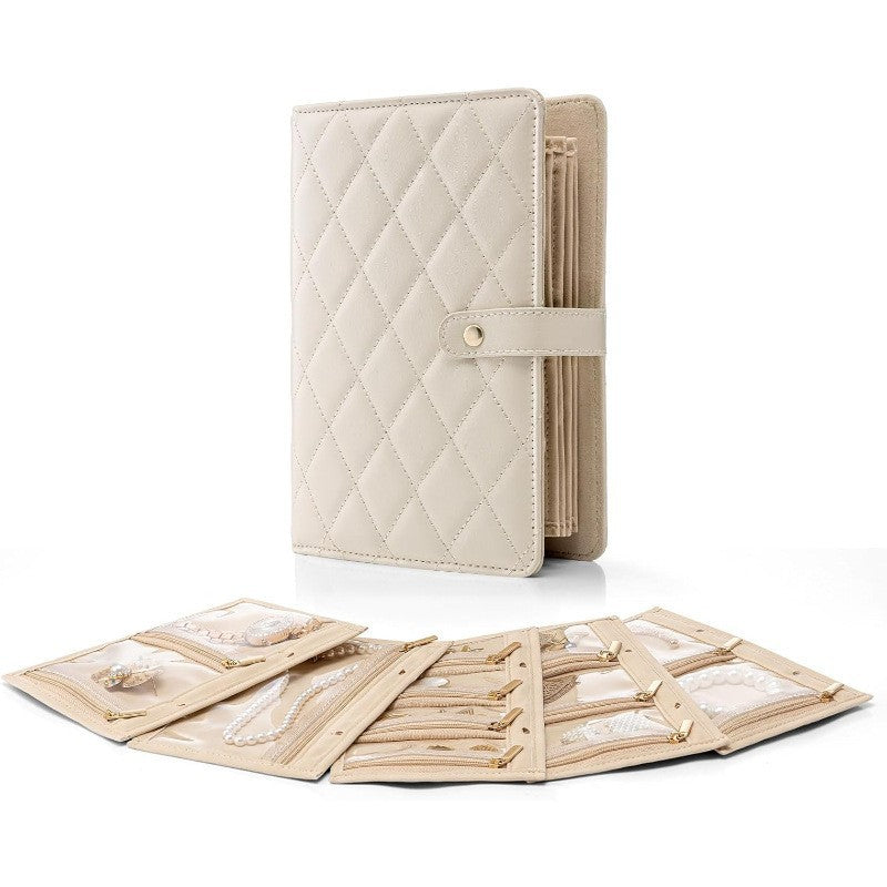 1 Piece  Beige Luxury Leather Loose-Leaf Jewelry Organizer - Portable Large-Capacity Storage Book for Earrings and Necklaces(Jewellery is a shooting prop and is not included)