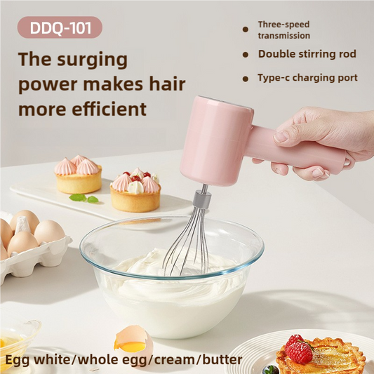Pink Portable Electric Egg Beater with 3-Speed Adjustment, Dual Whisks, and Type-C Charging.