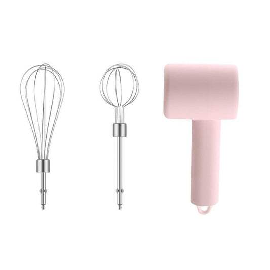 Pink Portable Electric Egg Beater with 3-Speed Adjustment, Dual Whisks, and Type-C Charging.