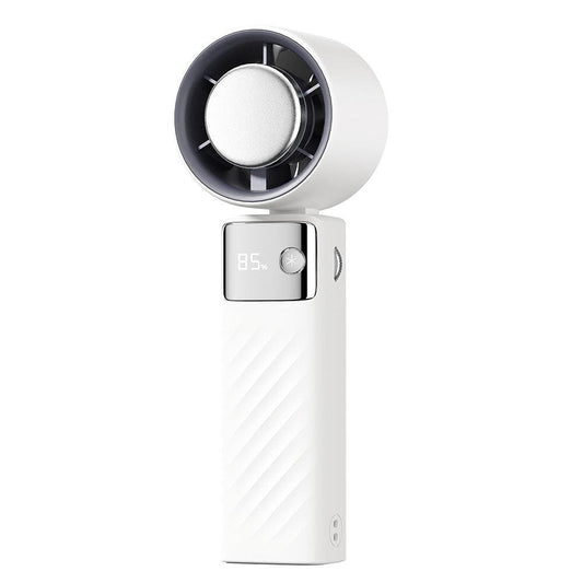 White Portable Turbo Handheld USB Rechargeable Fan with Digital Speed Display â High-Speed Cooling Fan for Outdoor Use.