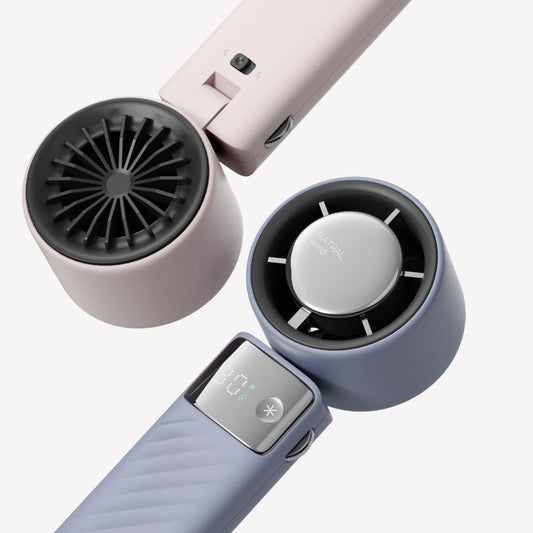 White Portable Turbo Handheld USB Rechargeable Fan with Digital Speed Display â High-Speed Cooling Fan for Outdoor Use.