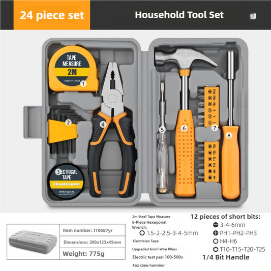 Yellow 24-Piece Household Tool Set, Complete Home Repair Kit with Tape Measure, Pliers, Screwdrivers, Hammer, and 12 Bits Set.