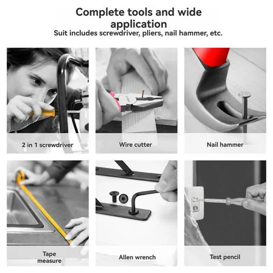 Yellow 24-Piece Household Tool Set, Complete Home Repair Kit with Tape Measure, Pliers, Screwdrivers, Hammer, and 12 Bits Set.