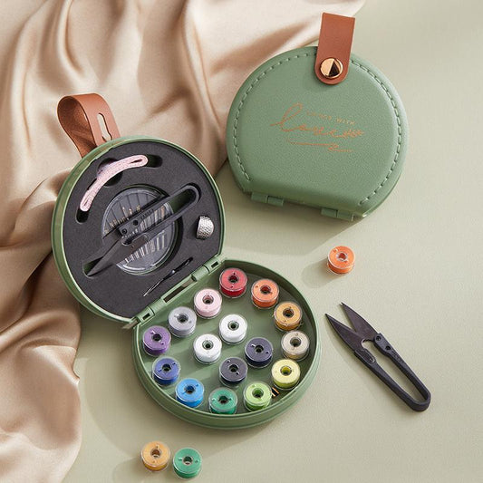 Green Portable Sewing Kit with Threads, Needles, and Tools - Compact Travel Case for Sewing Accessories.