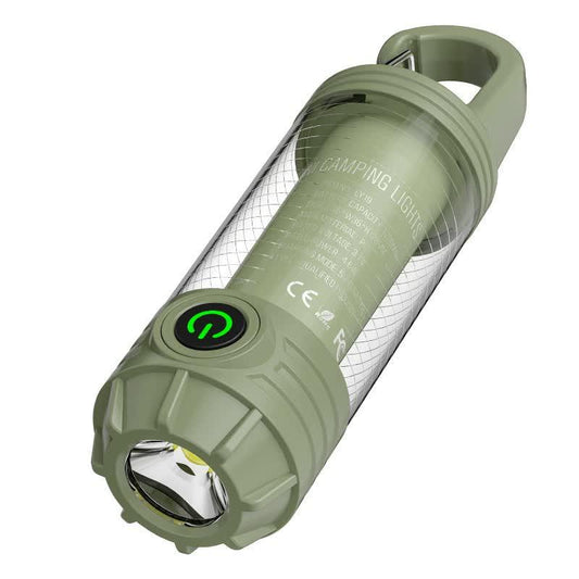 2 PCS Green Portable Outdoor Camping Light with 6 Modes & Keychain Hook - Multi-Source Mini Flashlight, IPX4 Waterproof.