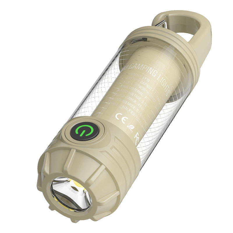 2 PCS Khaki Portable Outdoor Camping Light with 6 Modes & Keychain Hook - Multi-Source Mini Flashlight, IPX4 Waterproof.