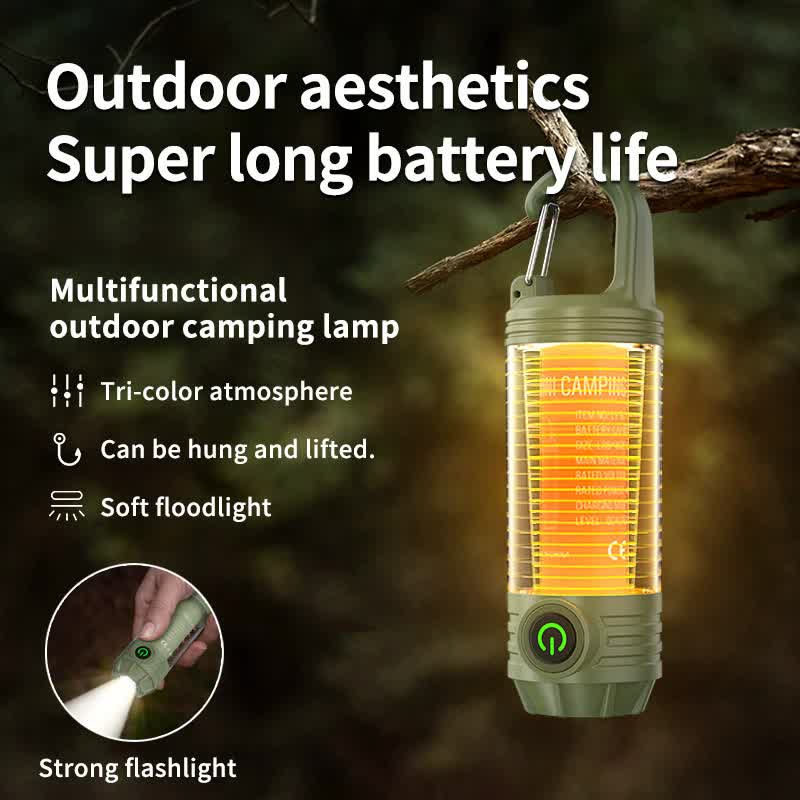 2 PCS Khaki Portable Outdoor Camping Light with 6 Modes & Keychain Hook - Multi-Source Mini Flashlight, IPX4 Waterproof.