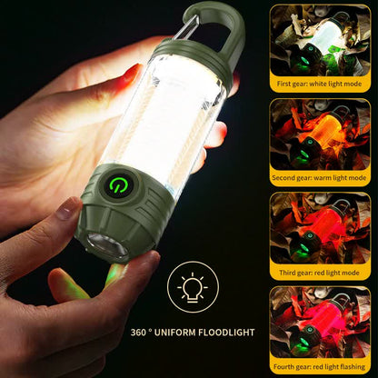 2 PCS Khaki Portable Outdoor Camping Light with 6 Modes & Keychain Hook - Multi-Source Mini Flashlight, IPX4 Waterproof.