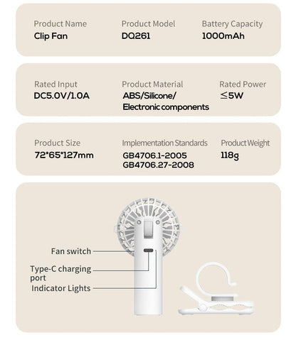 White Portable Multifunctional Clip Fan DQ261 - 1000mAh Battery, 3-Speed, Quiet Cooling for Summer.