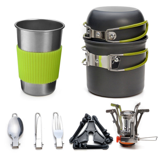 Complete Camping Cookware Set - Portable Pots, Cup, Spork, and Stove for Outdoor Adventures.